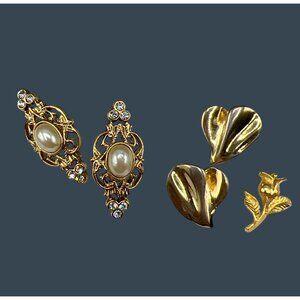 90s Gold-Tone & Pearl Earrings Set Rhinestones Floral Designs & Small Rose Pin